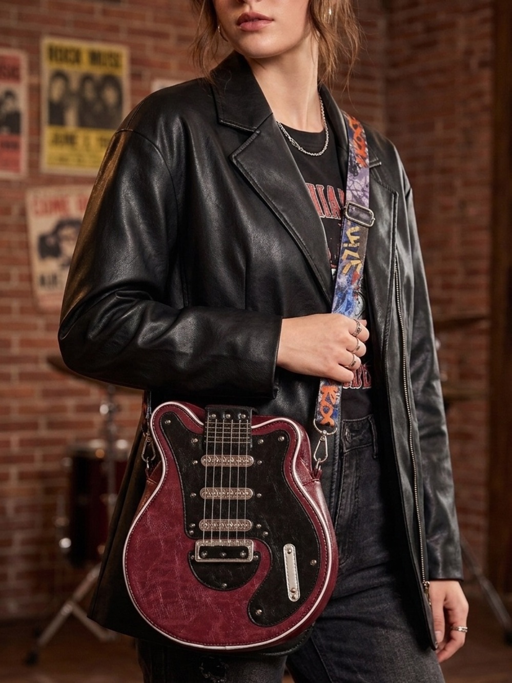Women's Burgundy Guitar-Shaped Crossbody Bag with Detachable Strap